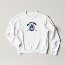 Urban Palm Trees Sweatshirt with pastel palm tree graphic on a white cozy top.