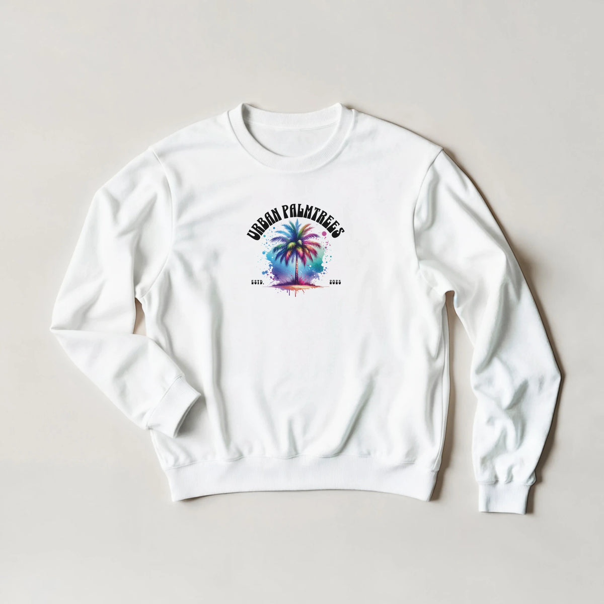 Urban Palm Trees Sweatshirt with pastel palm tree graphic on a white cozy top.