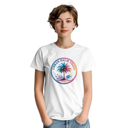 Woman wearing white t-shirt with colorful circular palm tree graphic Urban Palm Trees design.