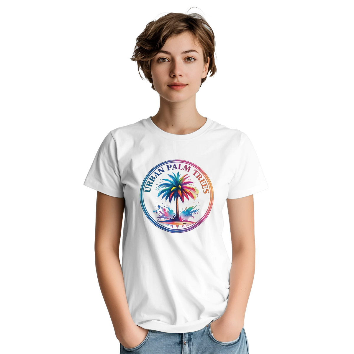 Woman wearing white t-shirt with colorful circular palm tree graphic Urban Palm Trees design.