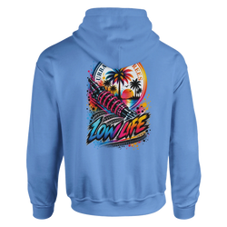 Blue Low Life petrolhead streetwear hoodie featuring a colorful shock absorber, palm trees, and sunset graphic on the back.