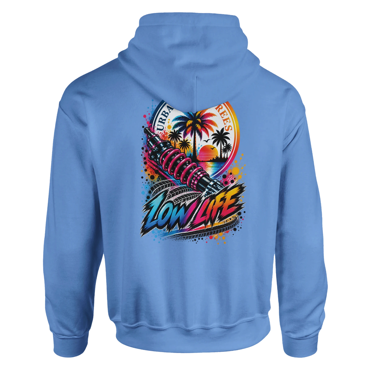 Blue Low Life petrolhead streetwear hoodie featuring a colorful shock absorber, palm trees, and sunset graphic on the back.