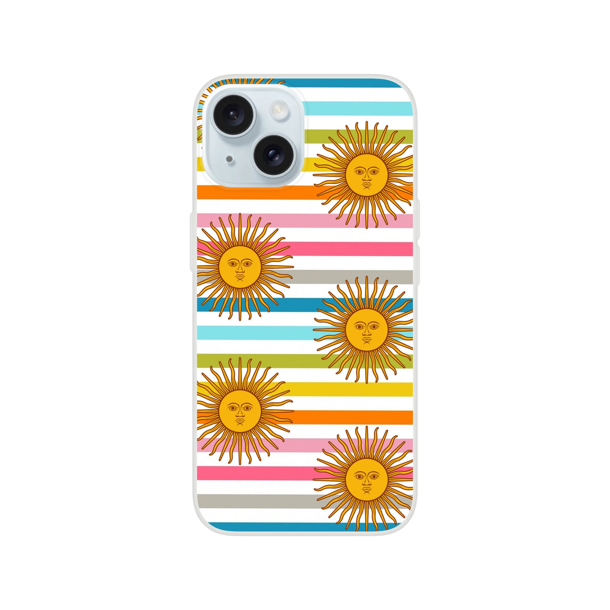 Retro rainbow sun iPhone case for 13-16 with striped background and matte finish.
