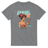 Aloha graphic tee with retro woman in red polka-dot bikini holding a cocktail, sun and teal stripes on a grey shirt