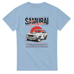 Light blue Japanese JDM men's graphic T-shirt featuring a vintage rally car against a red sun.