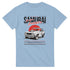 Light blue Japanese JDM men's graphic T-shirt featuring a vintage rally car against a red sun.
