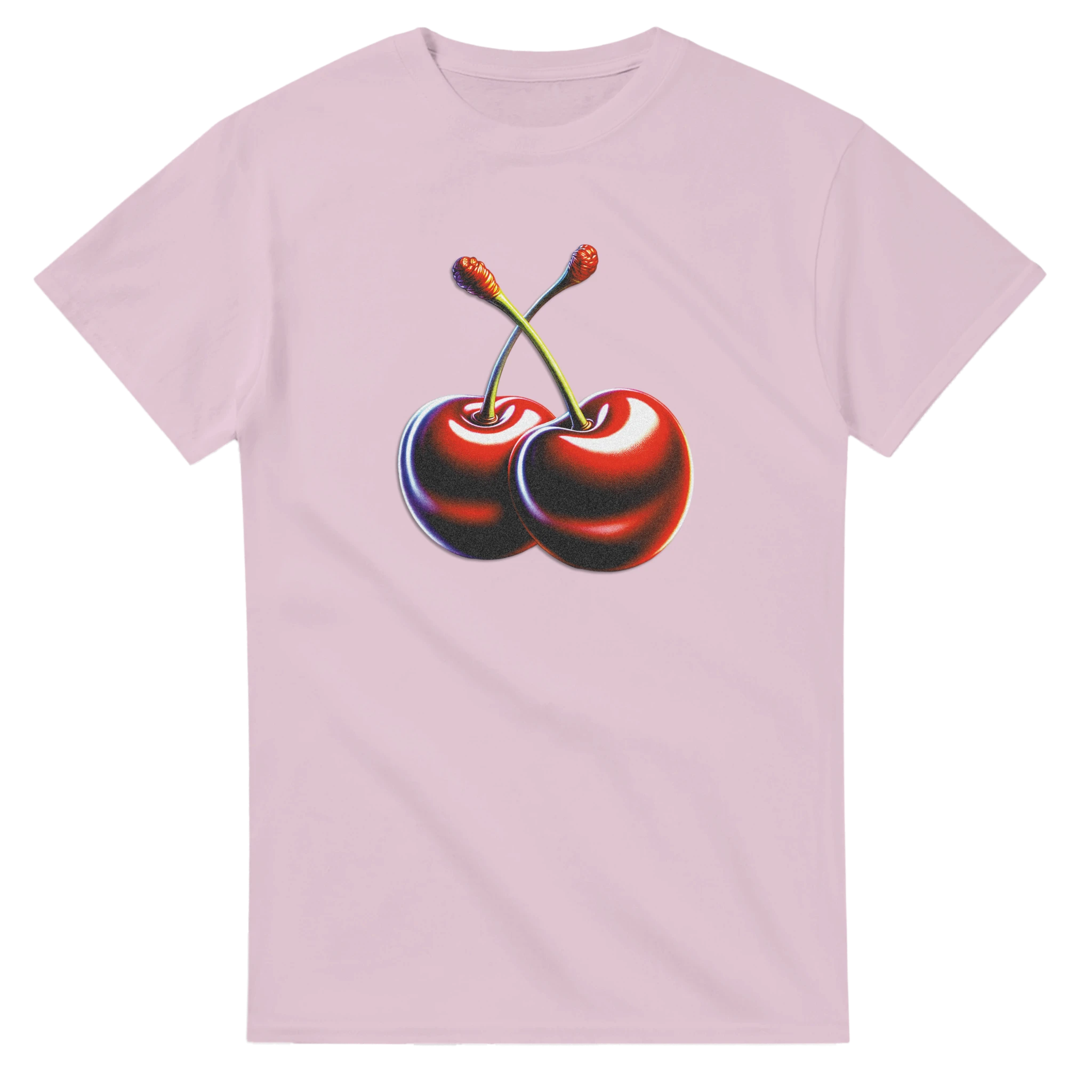 Cherry graphic tee for women on soft cotton blend pink T-shirt with two cherries, relaxed fit, double-needle hems