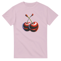Cherry graphic tee for women on soft cotton blend pink T-shirt with two cherries, relaxed fit, double-needle hems