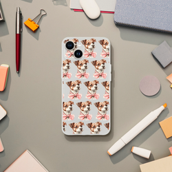 Transparent iPhone case with a repeating pattern of cute dogs wearing pink bows; slim protective cover for iPhone 13-16