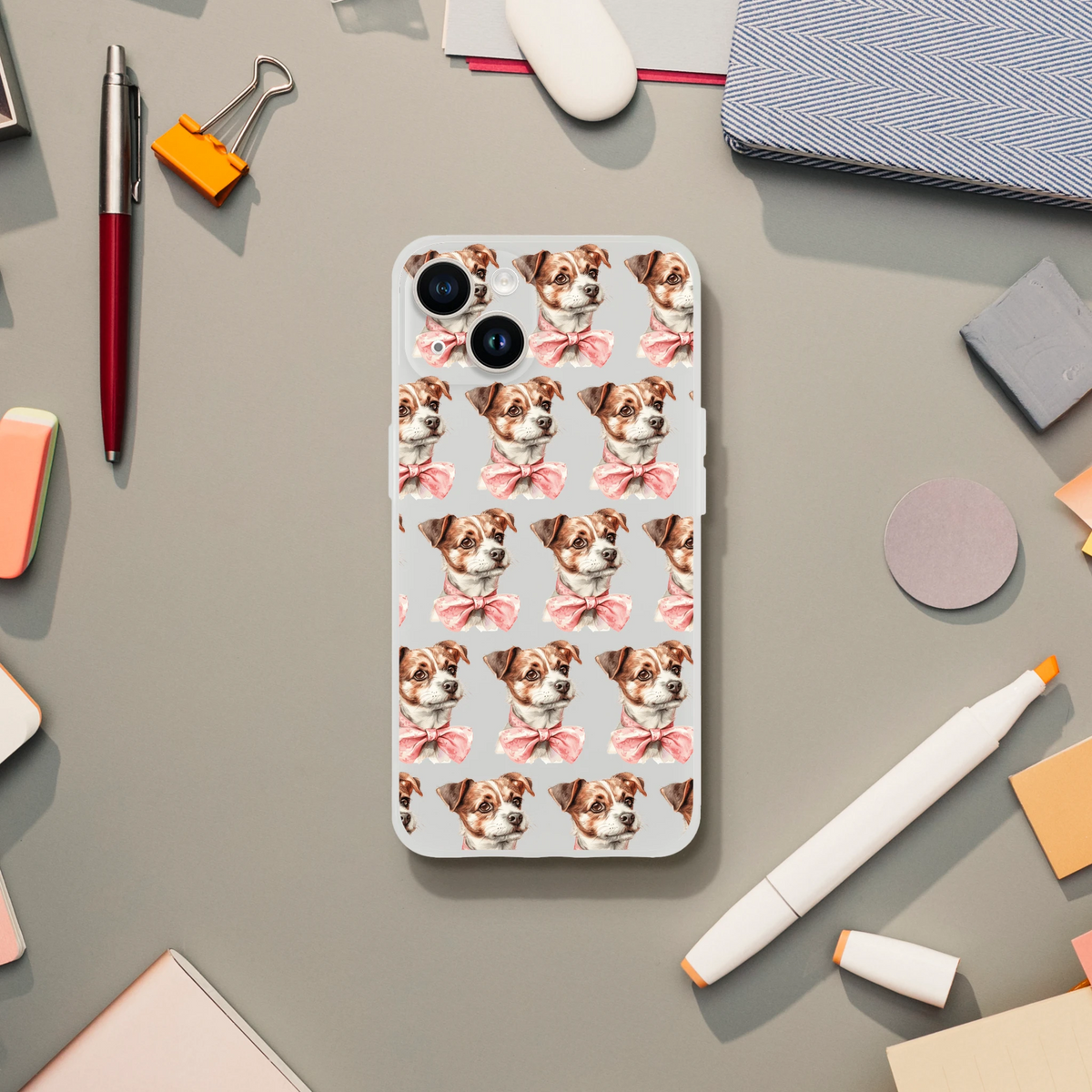 Transparent iPhone case with a repeating pattern of cute dogs wearing pink bows; slim protective cover for iPhone 13-16