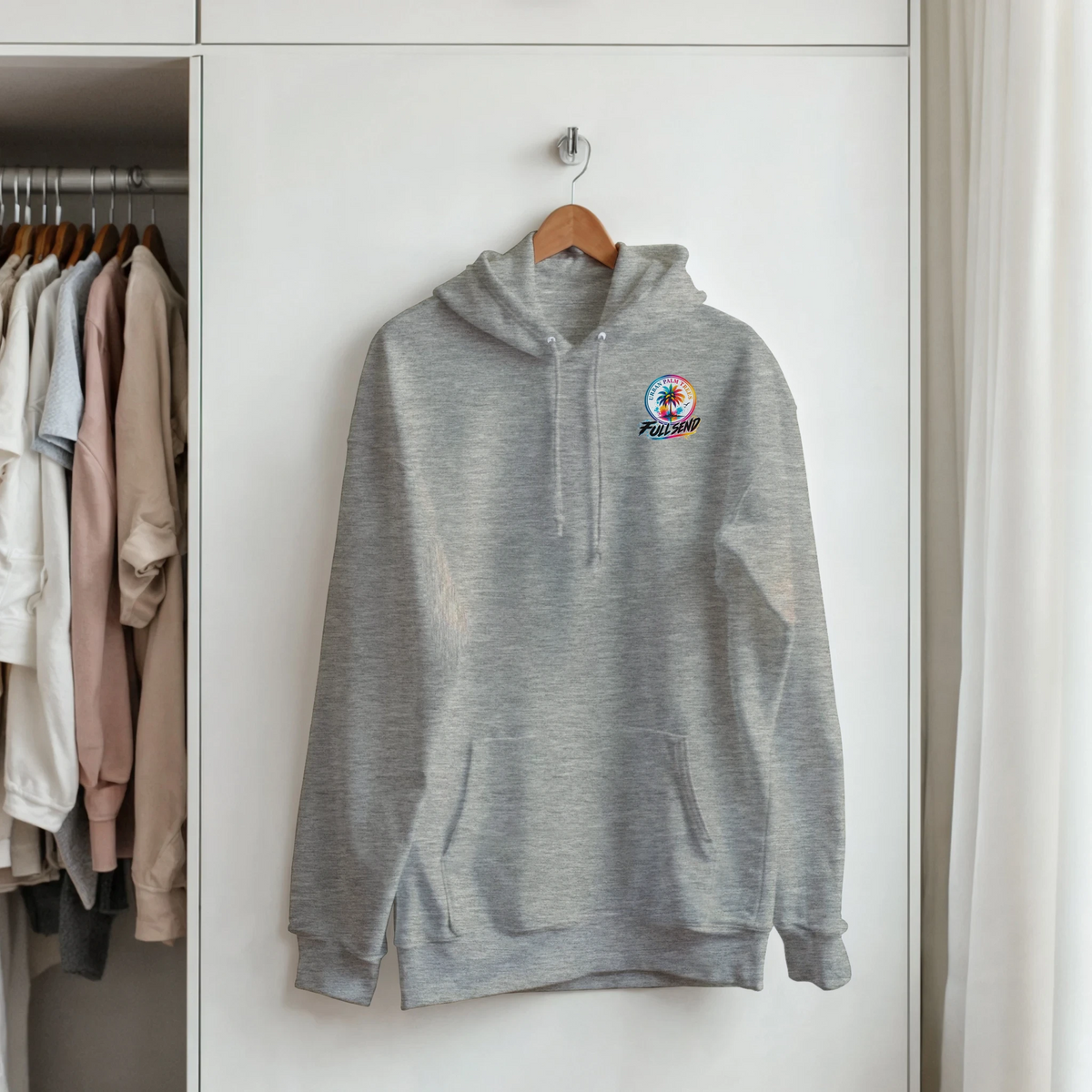 Grey men's streetwear hoodie with colorful palm tree graphic, featuring a double-lined hood and matching drawstring for a laid-back petrolhead look.