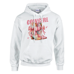 White women's 50/50 cotton/poly hoodie with pastel cowgirl boots graphic and COWGIRL text, cozy pullover.