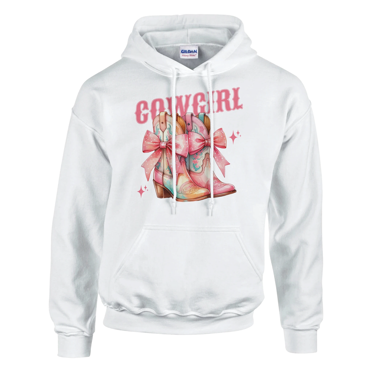 White women's 50/50 cotton/poly hoodie with pastel cowgirl boots graphic and COWGIRL text, cozy pullover.