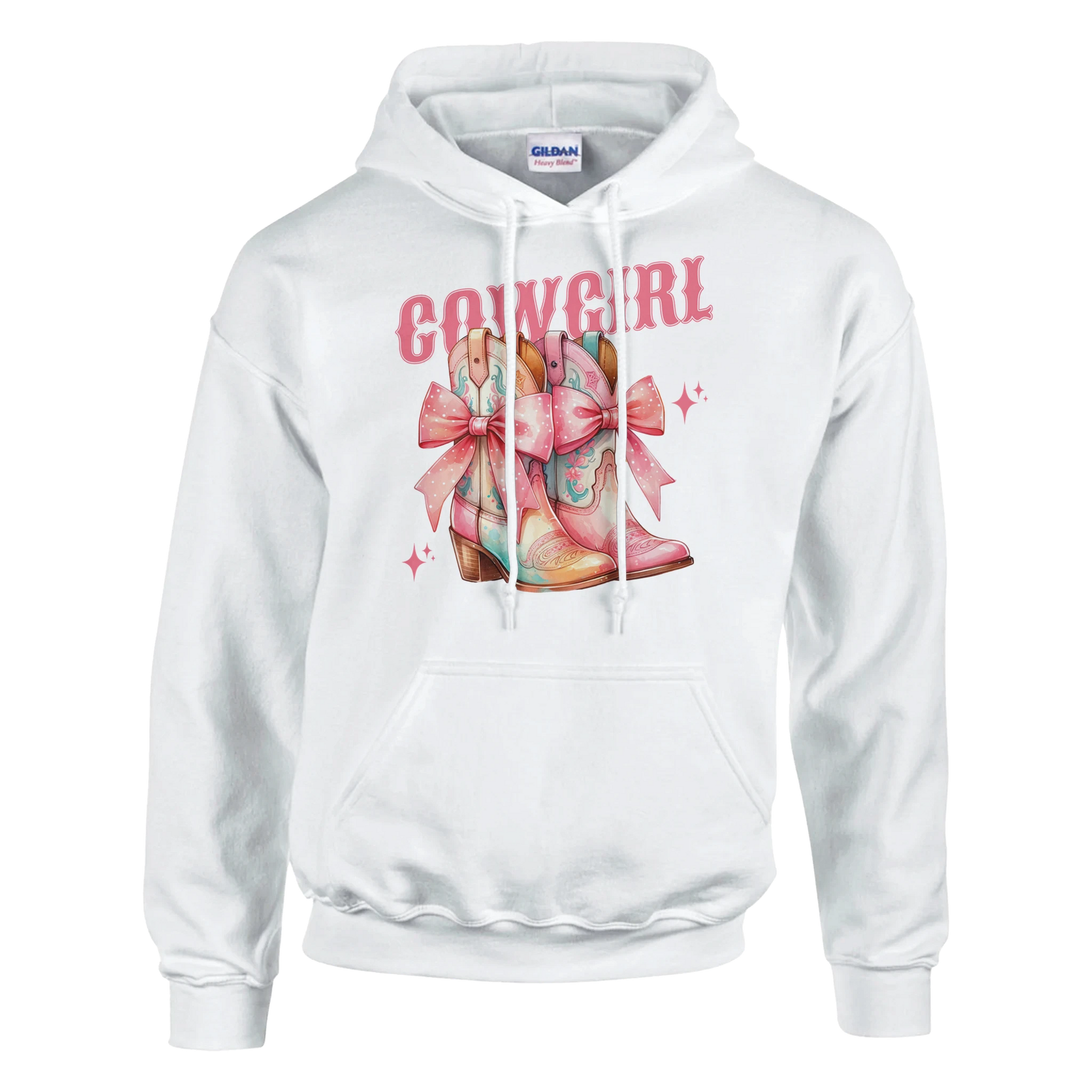 White women's 50/50 cotton/poly hoodie with pastel cowgirl boots graphic and COWGIRL text, cozy pullover.