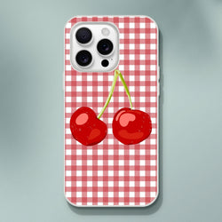 Cute cherry gingham iPhone case (13-16) in Coquette aesthetic with red checkered pattern and cherries.