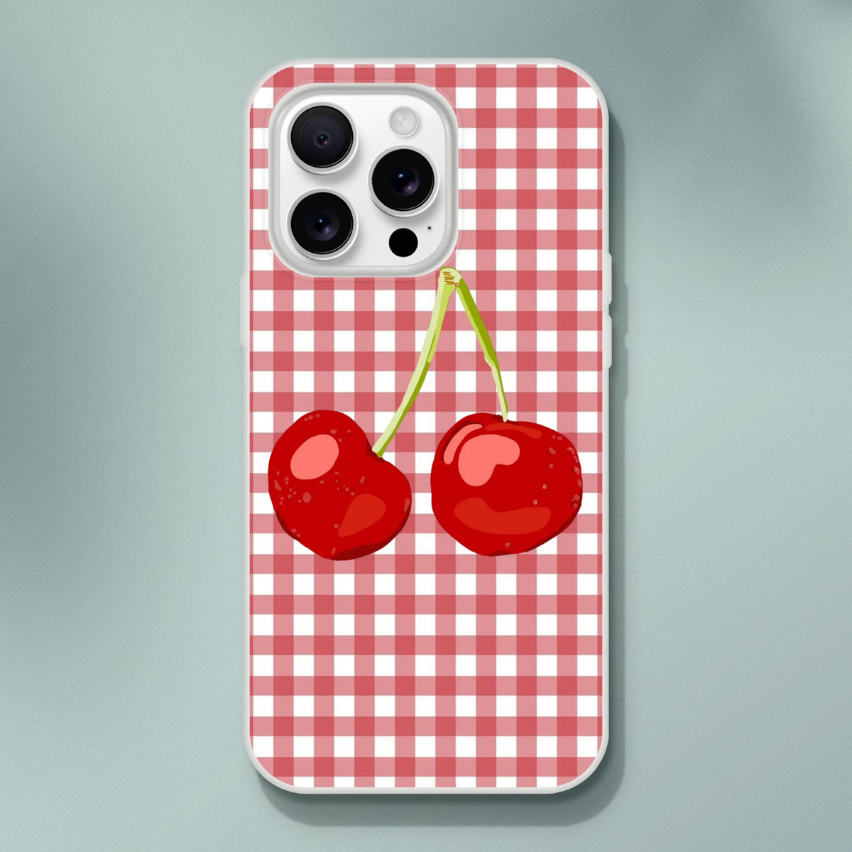 Cute cherry gingham iPhone case (13-16) in Coquette aesthetic with red checkered pattern and cherries.