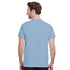Back view of man wearing a light blue cotton-blend T-shirt.