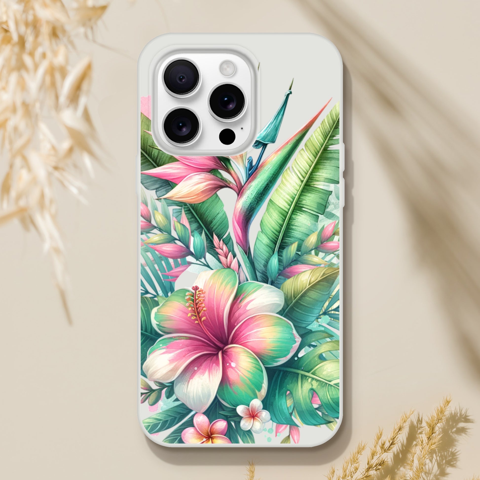 iPhone case with tropical floral design on a beige background 18