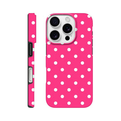 Hot pink and white polka dot tough iPhone case with dual-layer shock absorption and reinforced corners for impact resistance.
