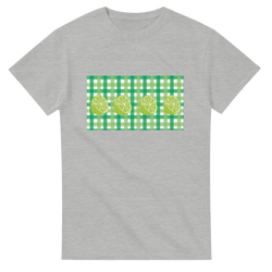 Womens lime gingham tee with lime-slice graphic on a green gingham panel.