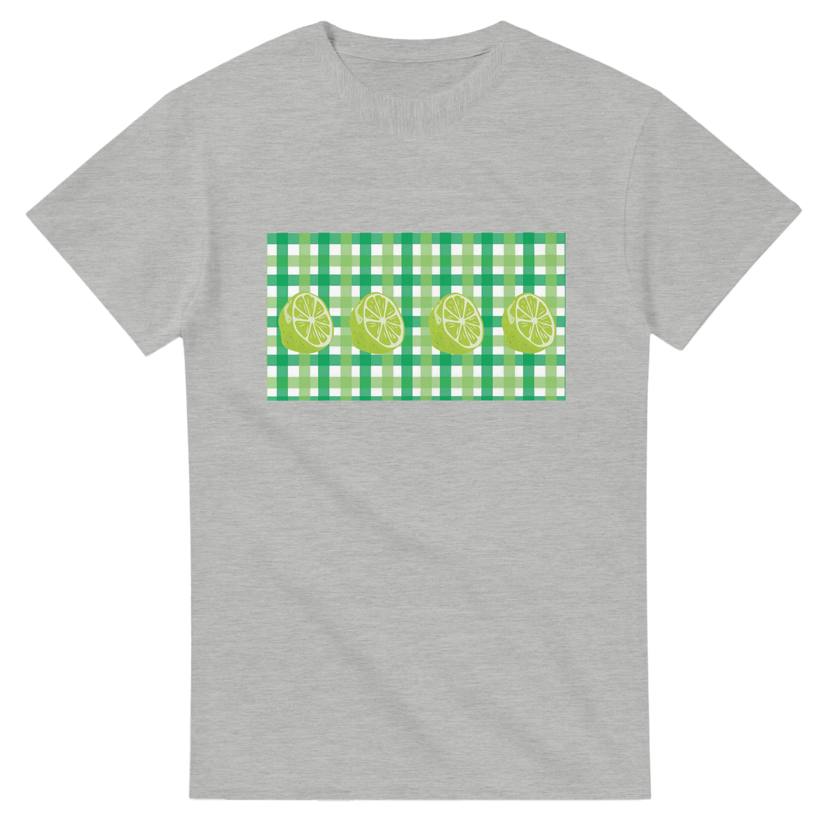 Womens lime gingham tee with lime-slice graphic on a green gingham panel.