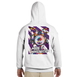 White hoodie back featuring colorful retro drum kit graphic, "Urban Palm Trees" logo, and "Made To Make Noise" text.