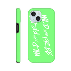 Lime green Y2K style iPhone case with bold white Wild and Free vertical typography and shock-absorbing protection.