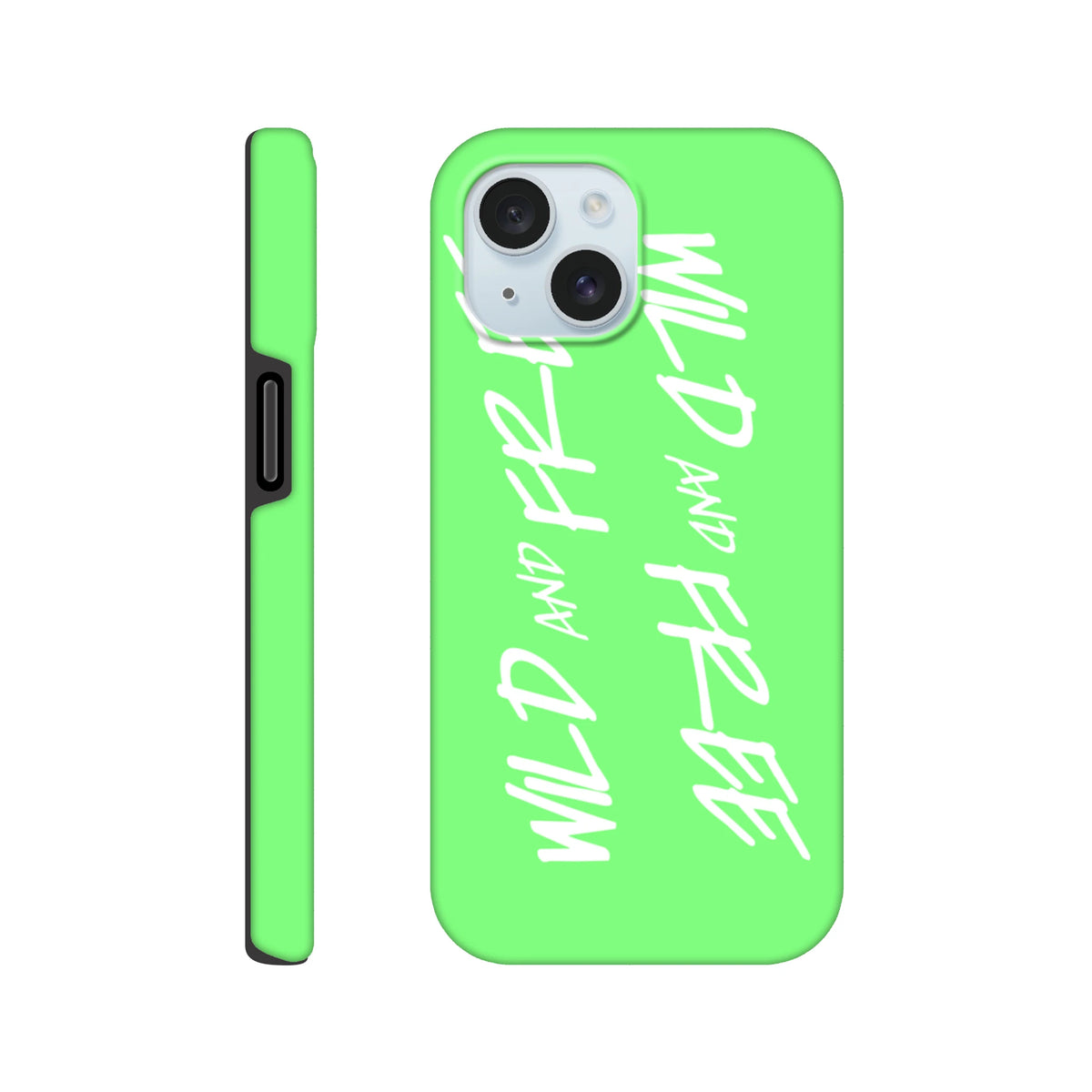 Lime green Y2K style iPhone case with bold white Wild and Free vertical typography and shock-absorbing protection.