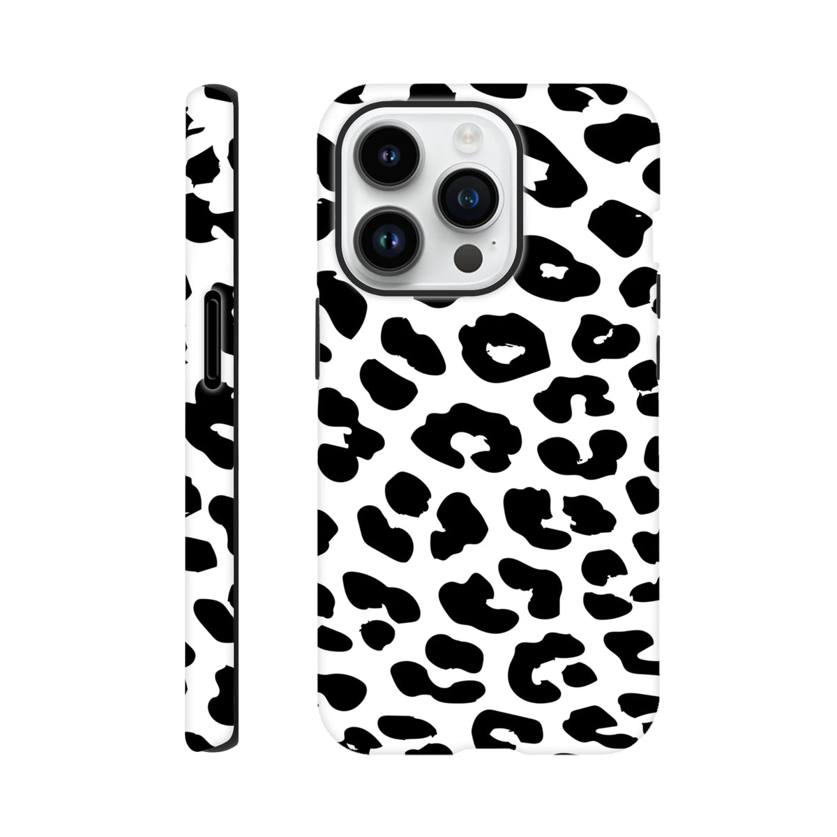 White iPhone case featuring a bold black snow leopard print. Tough, shock-absorbing animal cover with seamless wrap-around protection.