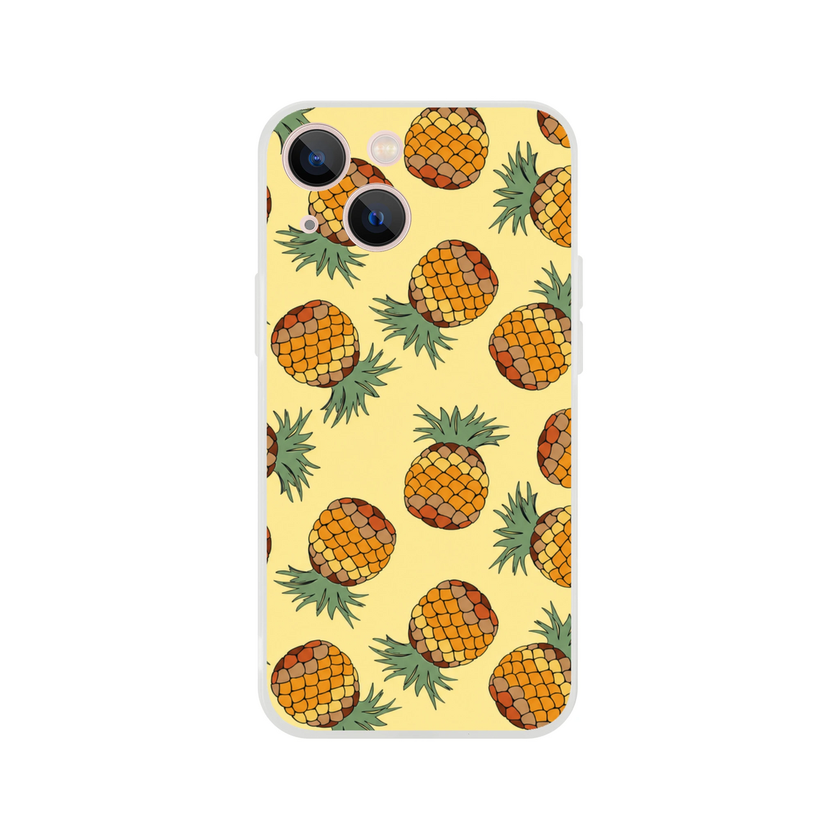Cute pineapple-pattern iPhone case (13–16) with a yellow tropical background and matte finish.