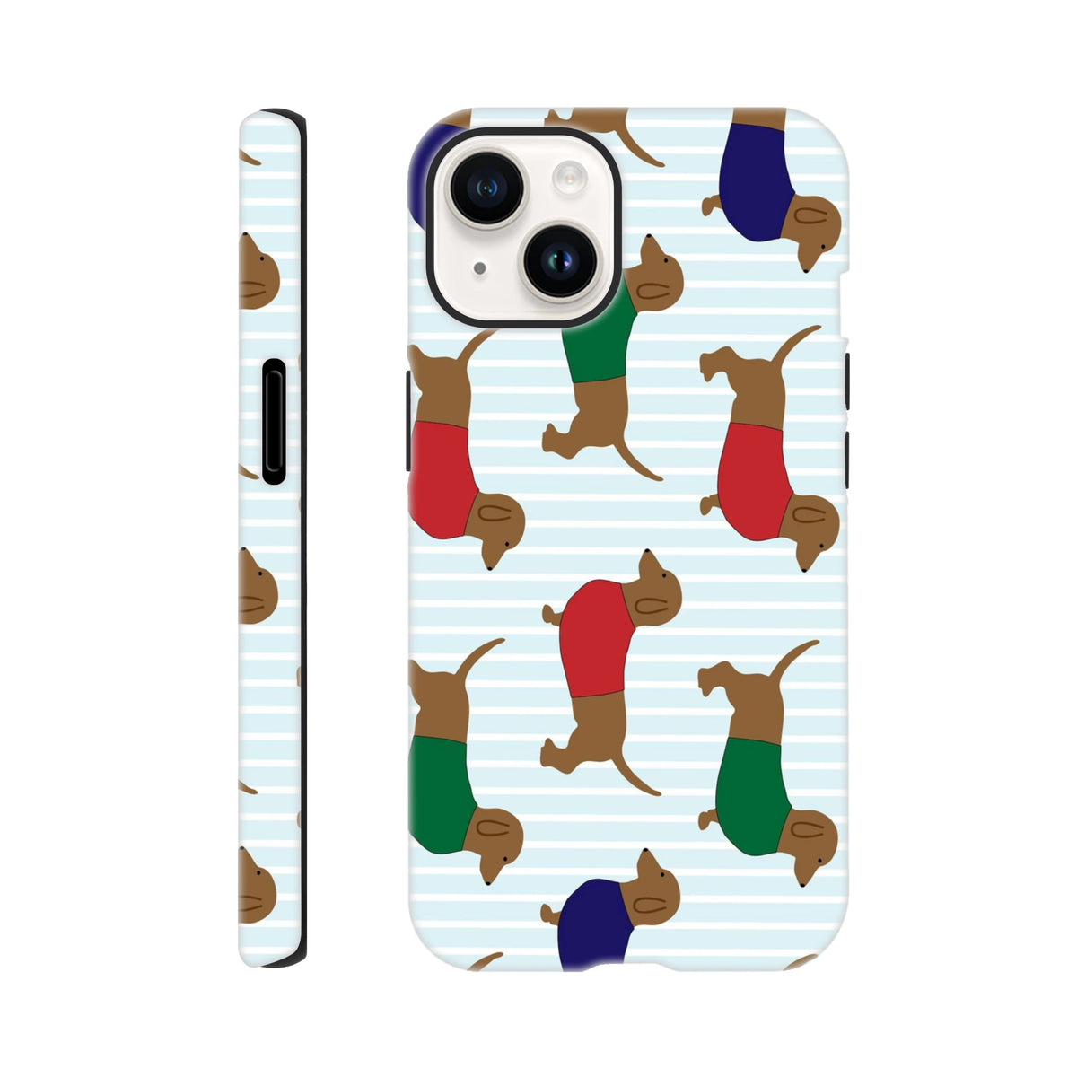 Cute dachshund iPhone case featuring sausage dogs in red, green, and blue sweaters on a light blue striped background.