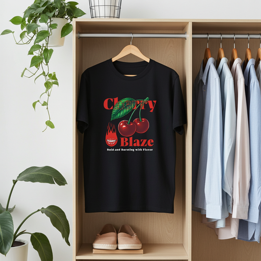 Black t-shirt with cherry design hanging in a wardrobe with clothes and shoes.