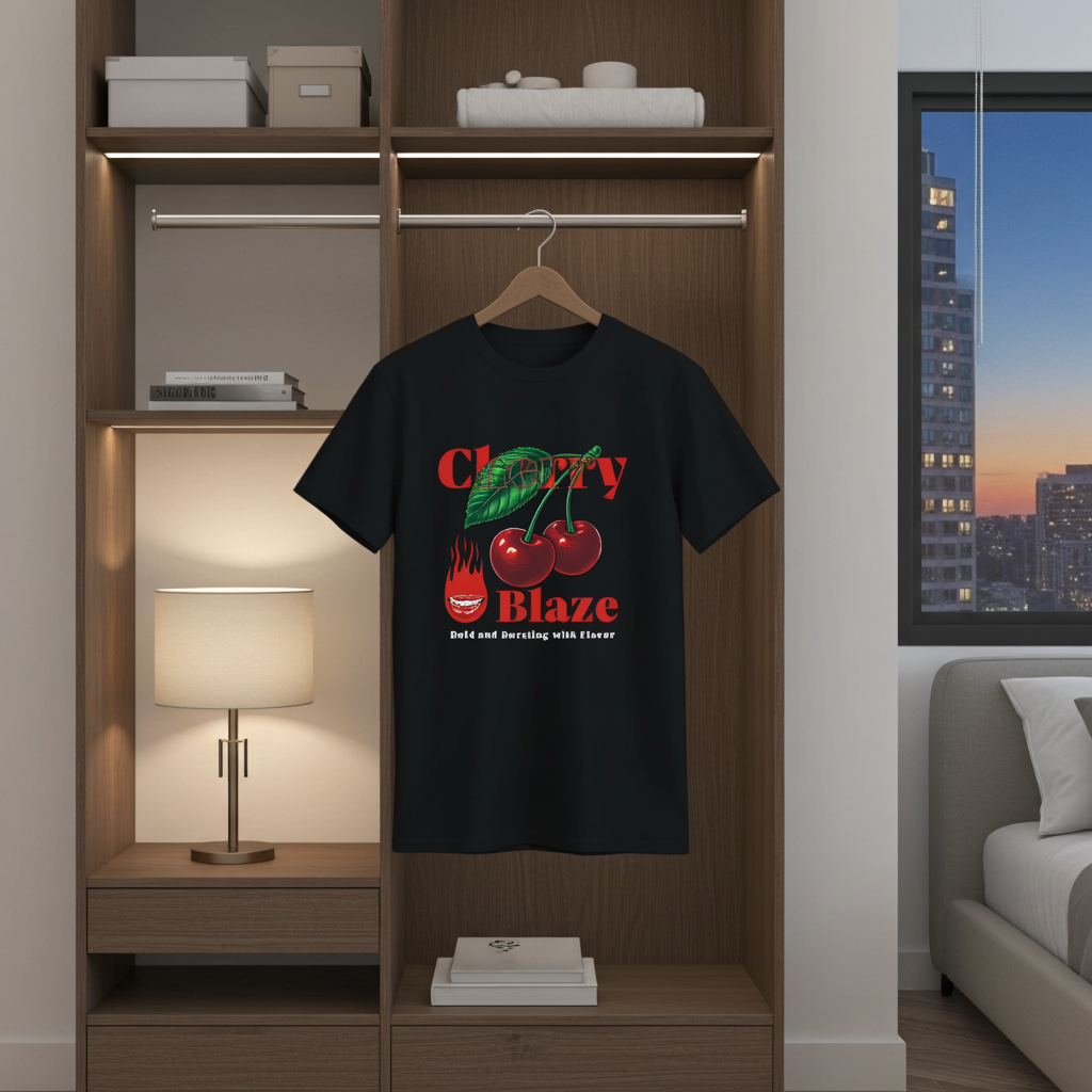 Black t-shirt with red cherries and text on a hanger in a room with wooden shelves and a cityscape view.