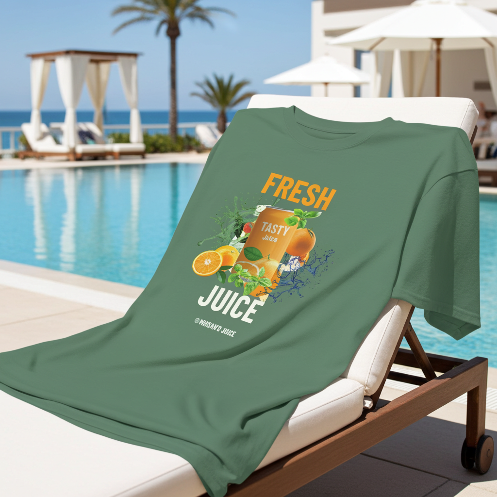 Green T-Shirt with 'Fresh Juice' graphic draped over a lounge chair by a poolside.