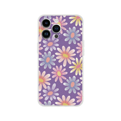 Retro pastel daisy iPhone case for 13-16 with purple background and pastel daisies.