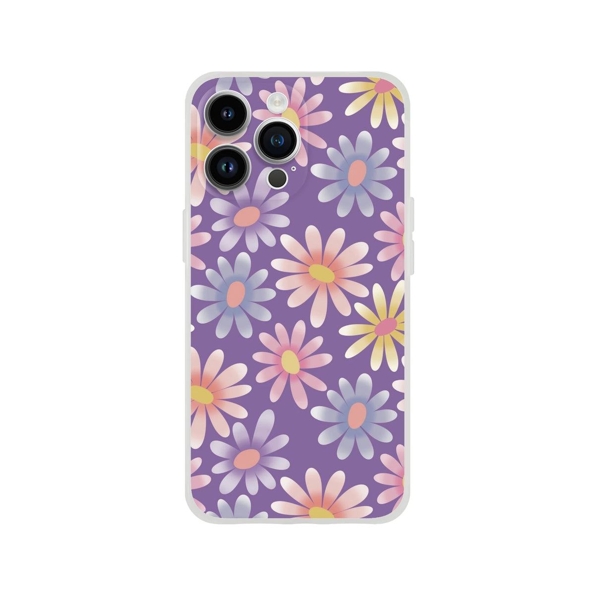 Retro pastel daisy iPhone case for 13-16 with purple background and pastel daisies.