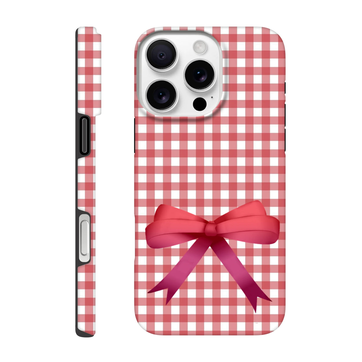 Red gingham iPhone case with a large pink bow back print, featuring a tough coquette design for iOS 13-16 devices.