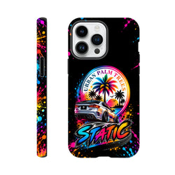 Vibrant iPhone case featuring a lowered car, neon palm trees, and colorful paint splatters against a black background.