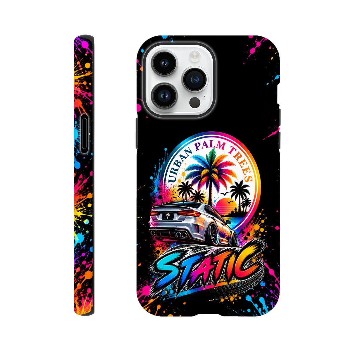 Vibrant iPhone case featuring a lowered car, neon palm trees, and colorful paint splatters against a black background.
