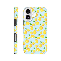 Cute lemon tough iPhone case featuring a fresh yellow fruit pattern and green leaves on a light blue background.