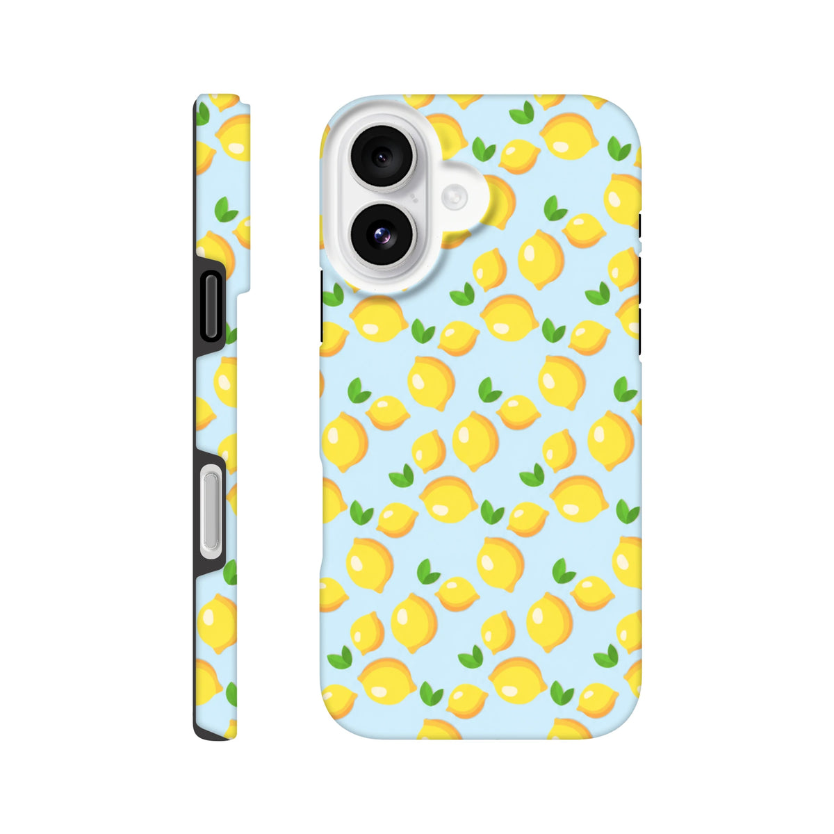 Cute lemon tough iPhone case featuring a fresh yellow fruit pattern and green leaves on a light blue background.