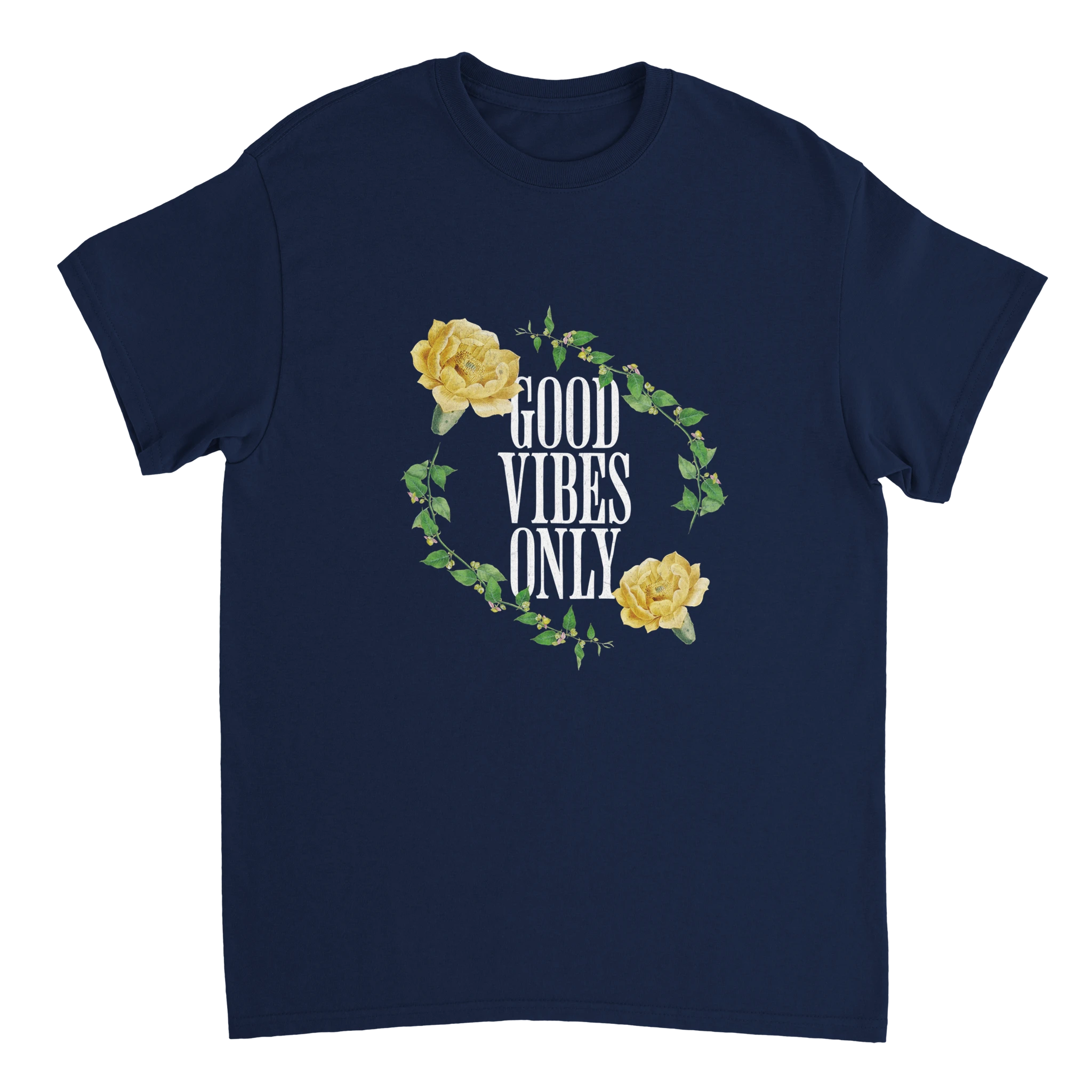 Navy blue men's graphic tee with circular yellow rose wreath surrounding the bold GOOD VIBES ONLY text.