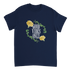 Navy blue men's graphic tee with circular yellow rose wreath surrounding the bold GOOD VIBES ONLY text.