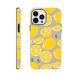 Cute yellow lemon iPhone tough case with citrus fruit pattern on grey background. Durable drop guard phone cover for city life.