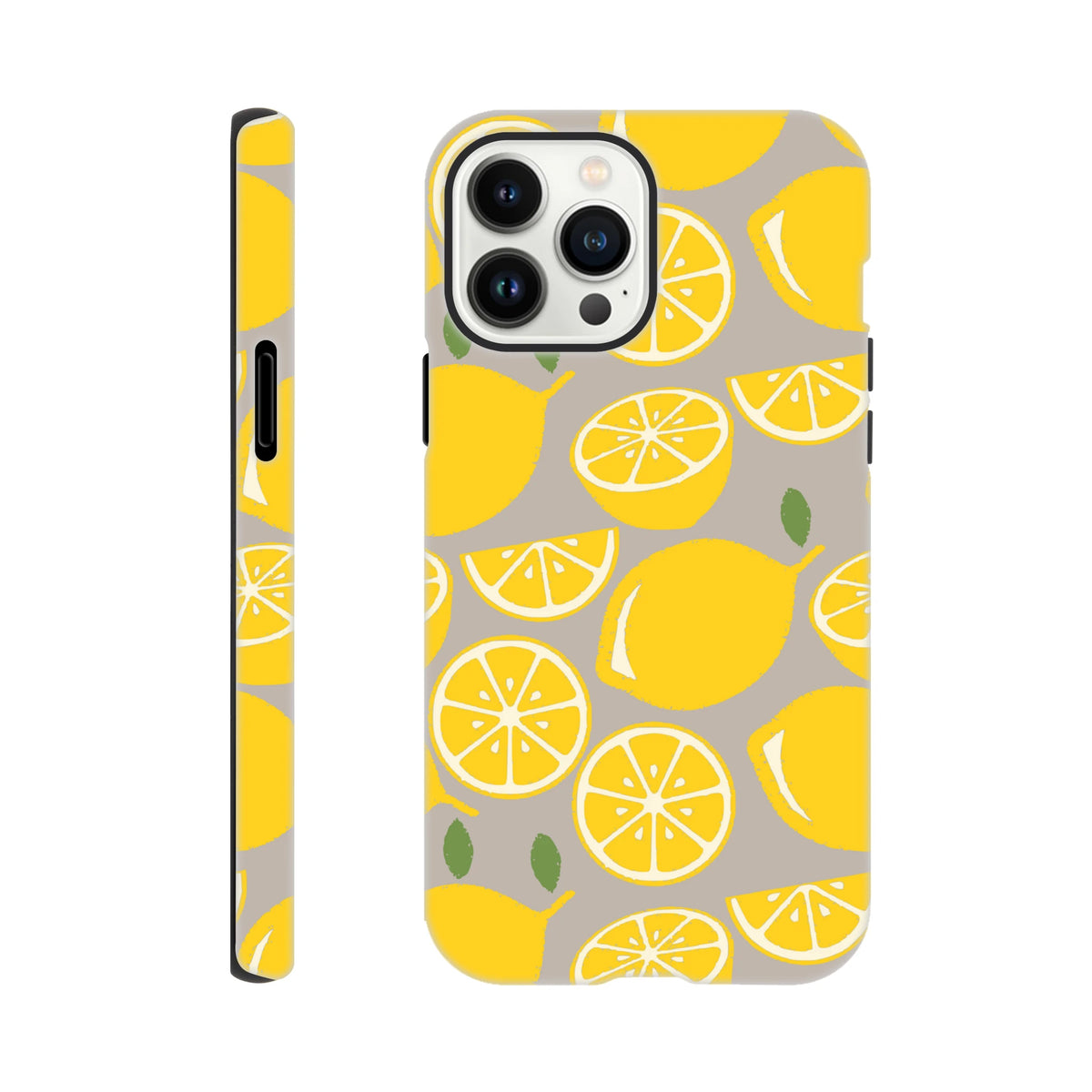 Cute yellow lemon iPhone tough case with citrus fruit pattern on grey background. Durable drop guard phone cover for city life.
