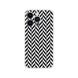 Black and white herringbone iPhone case with geometric chevron pattern, matte TPU finish for shock absorption.