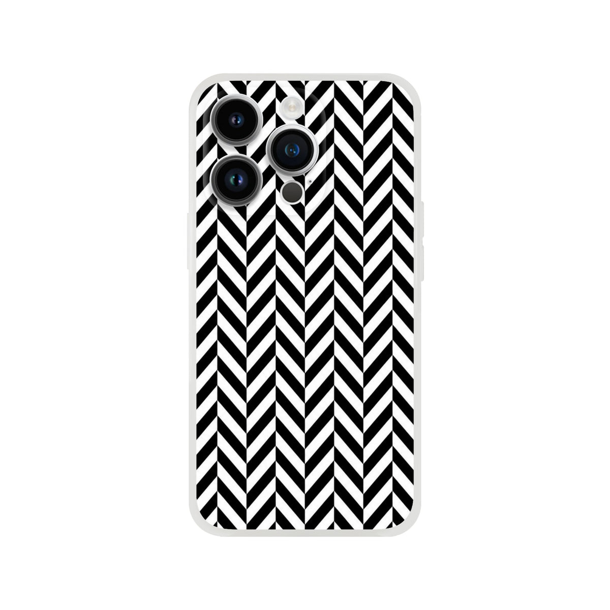 Black and white herringbone iPhone case with geometric chevron pattern, matte TPU finish for shock absorption.