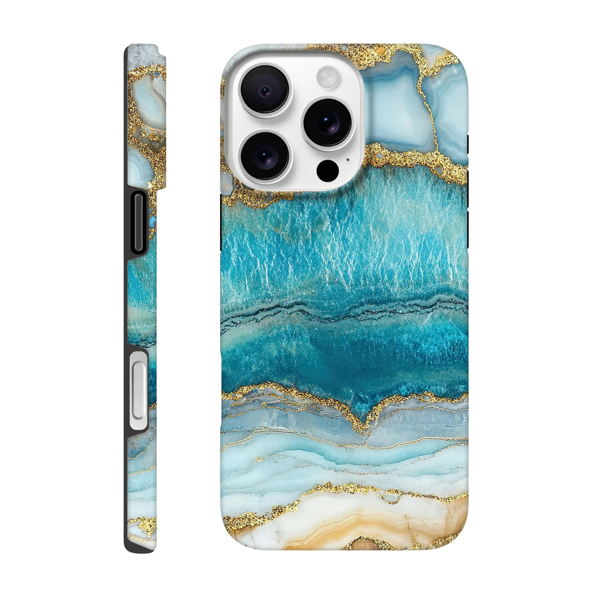 Blue Agate tough iPhone case featuring a striking teal and gold marble layout with protective street-ready edges for models 13-16.