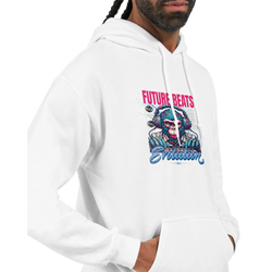 Monkey DJ men's graphic hoodie in white, 50/50 cotton-poly blend with colorful DJ monkey artwork.