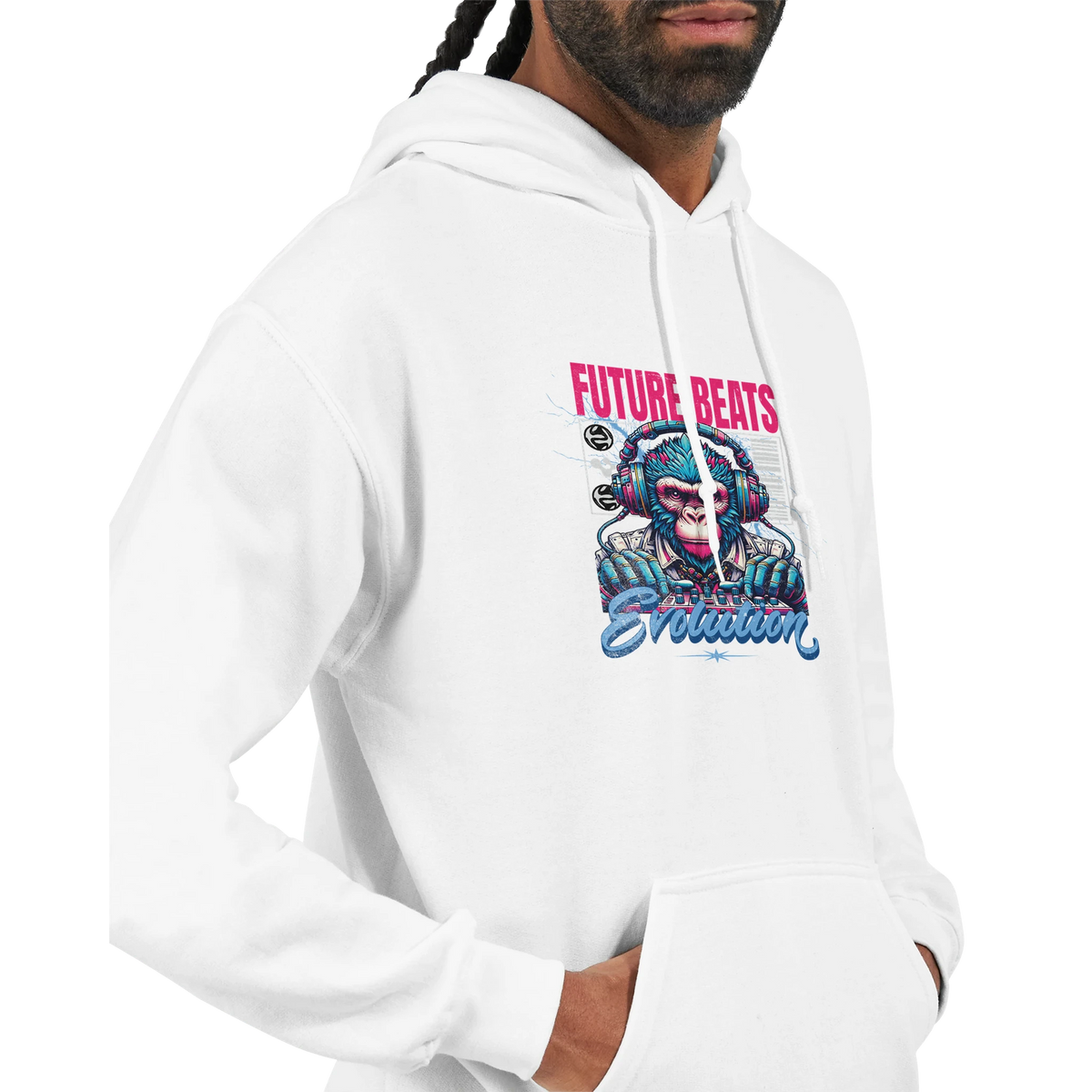 Monkey DJ men's graphic hoodie in white, 50/50 cotton-poly blend with colorful DJ monkey artwork.
